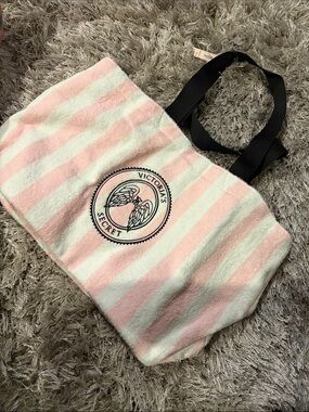 Victoria's Secret Pink & White Striped Terrycloth Tote with Black Handles
